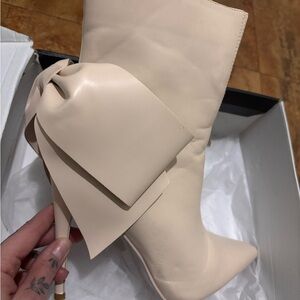 Fashion Nova Cream Heeled Boots with Bow